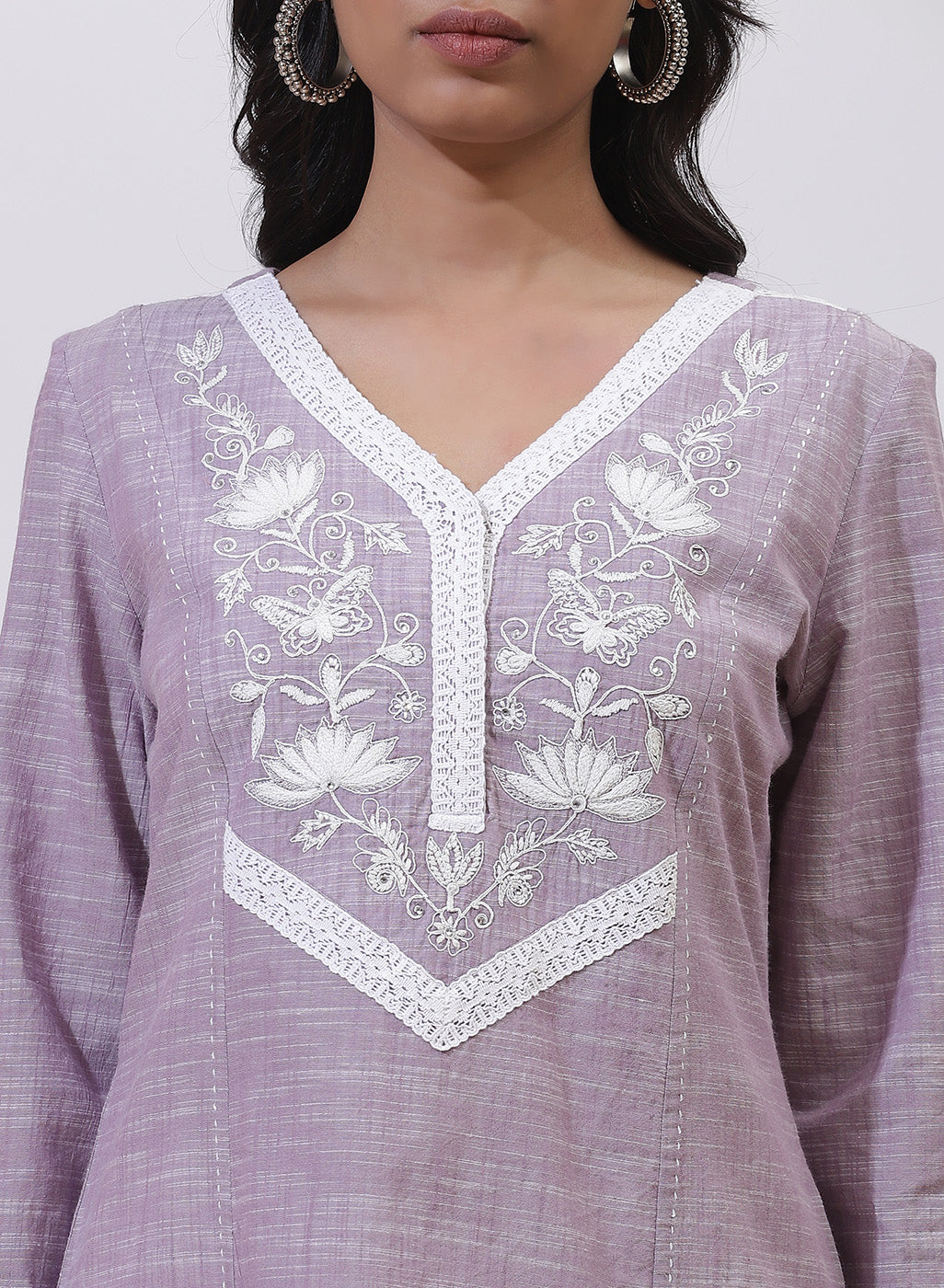 Lilac Embroidered Nargis Kurti with Lace Details