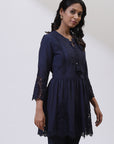 Navy Blue Phool Collection Tunic With Schiffli Embroidery