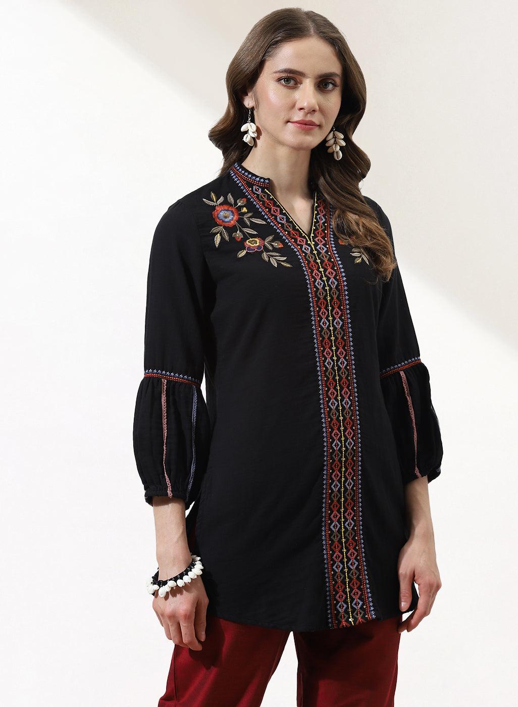 Black Phool Collection Floral Embroidered Tunic - Lakshita