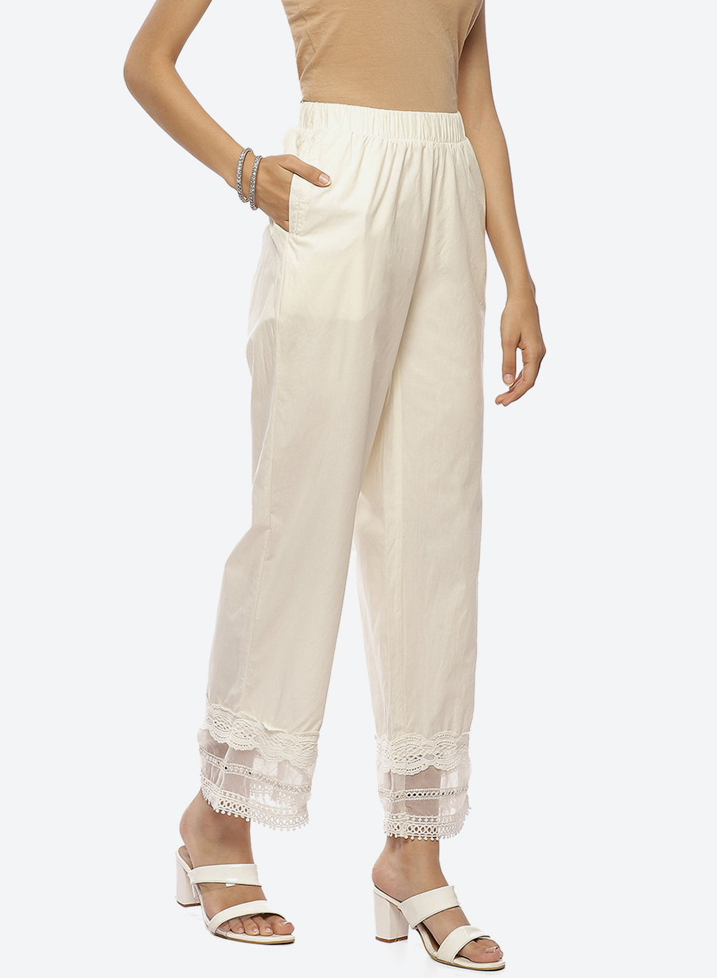 Off-White Palazzo Pants With Lace Detail