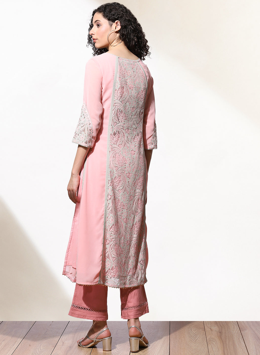 Pink Embroidered Nargis Kurta with Lace-Inserts