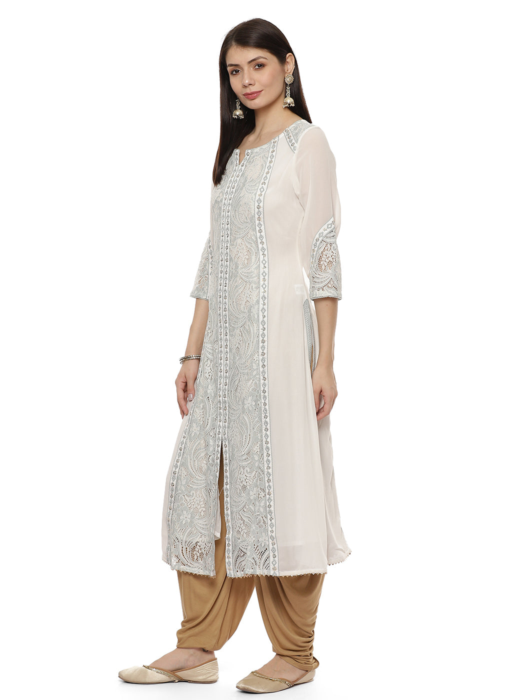 Green Nargis Collection Embroidered Kurta with Lace-Inserts