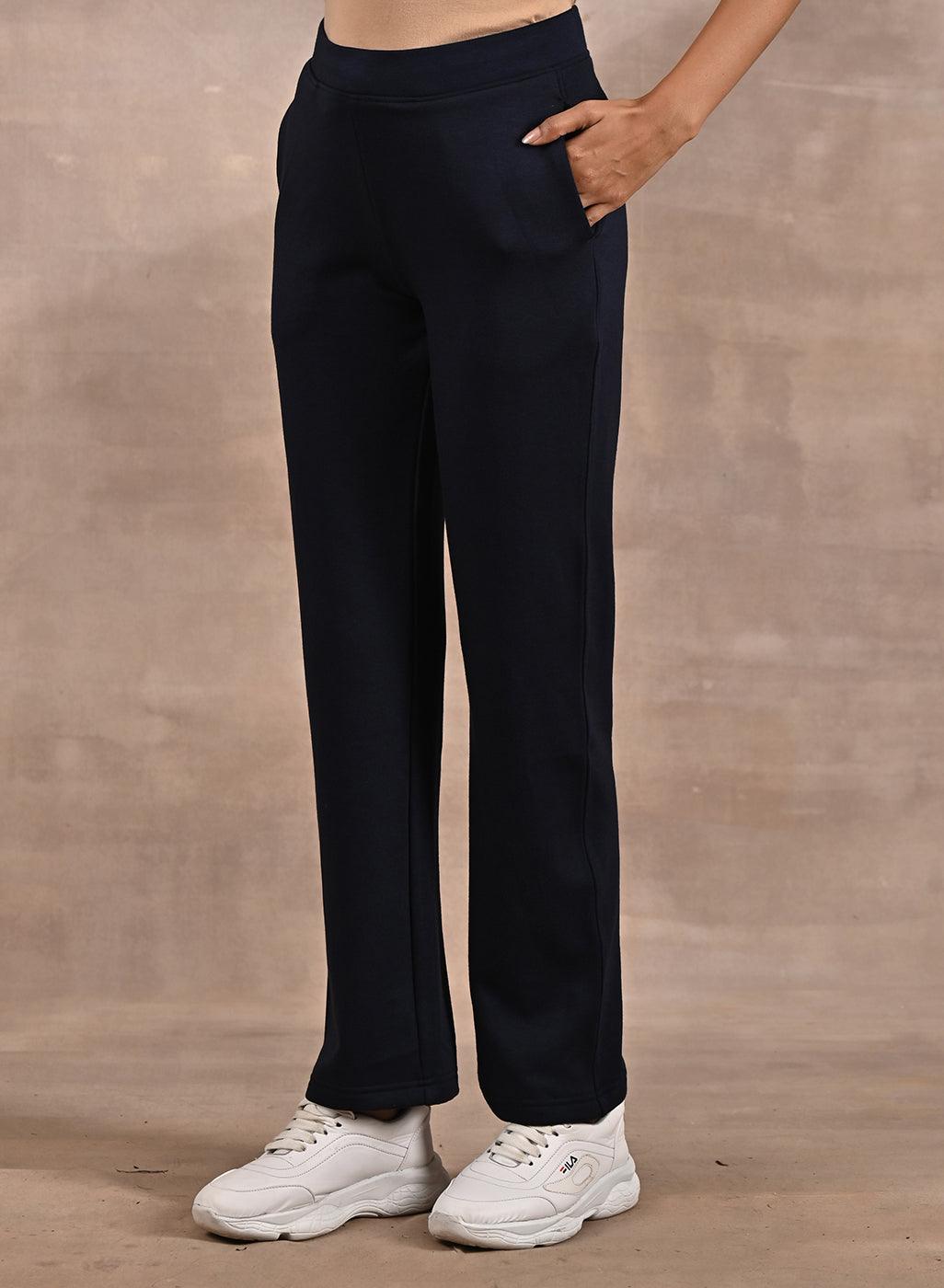 Navy Blue Solid Stretchable Pants with Stitch Detail - Lakshita