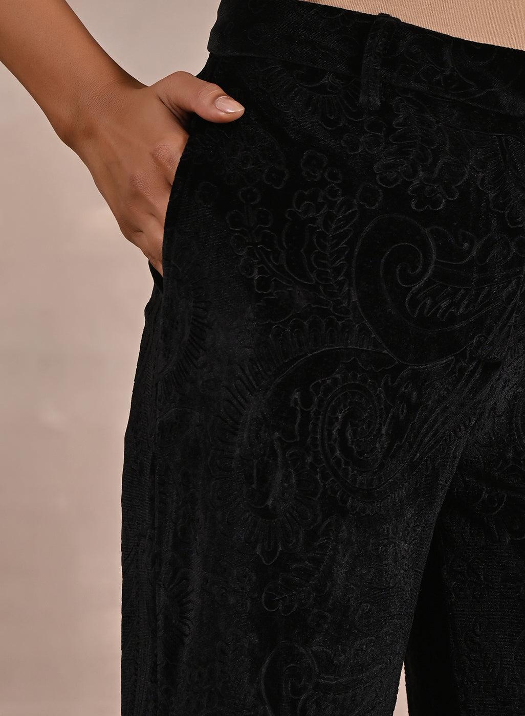 Black Floral Embossed Pattern Velvet Pant - Lakshita