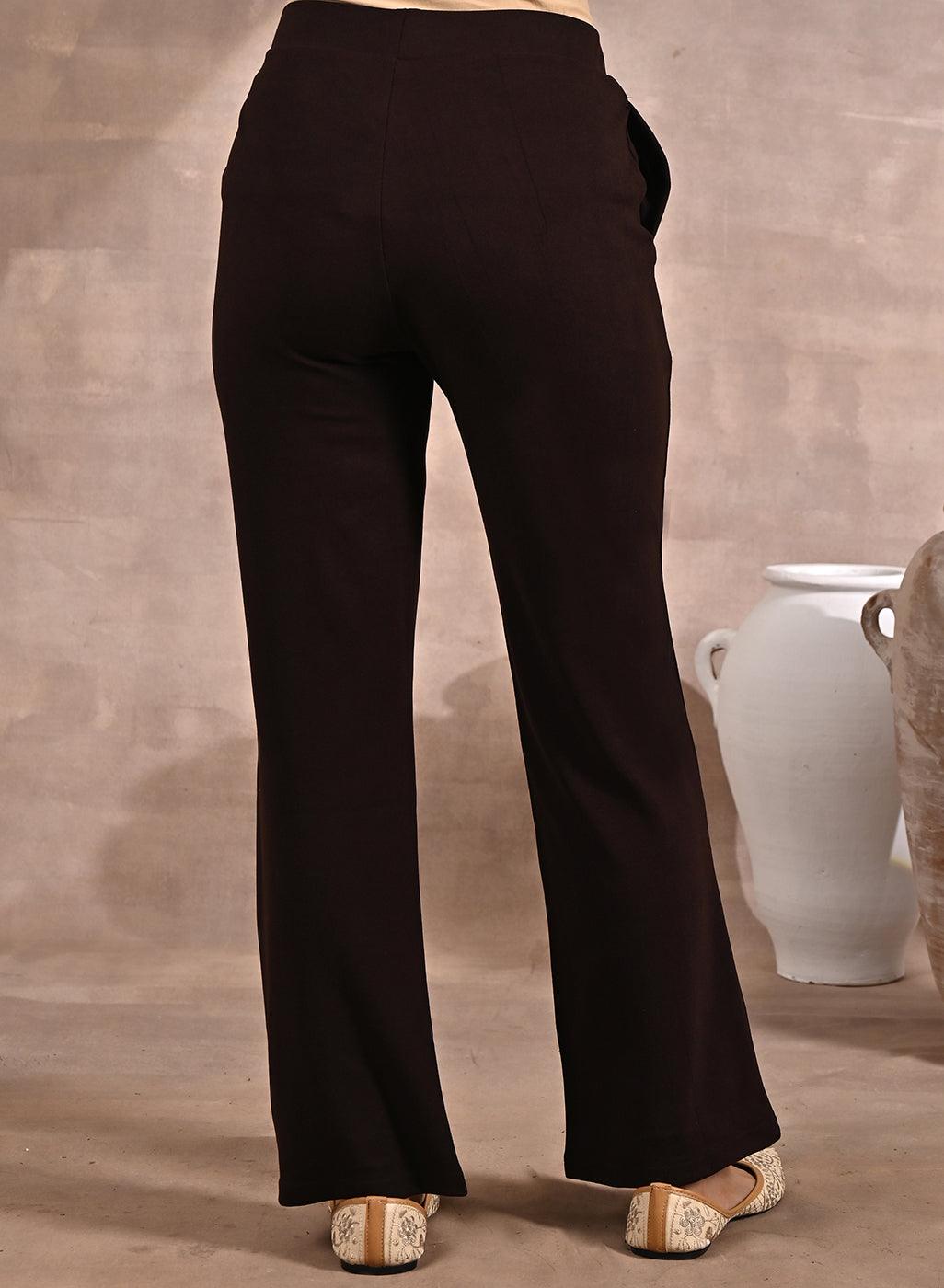 Dark Light Brown Solid Pants with Flared Hem - Lakshita