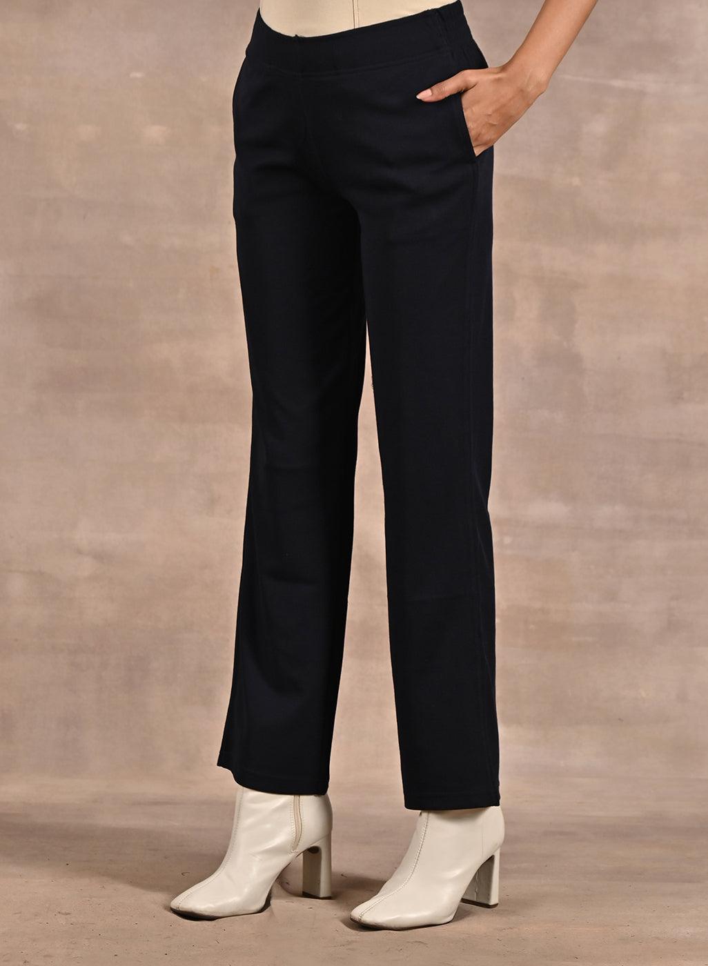 Dark Navy Blue Regular Pants with Elastic Waist Band - Lakshita
