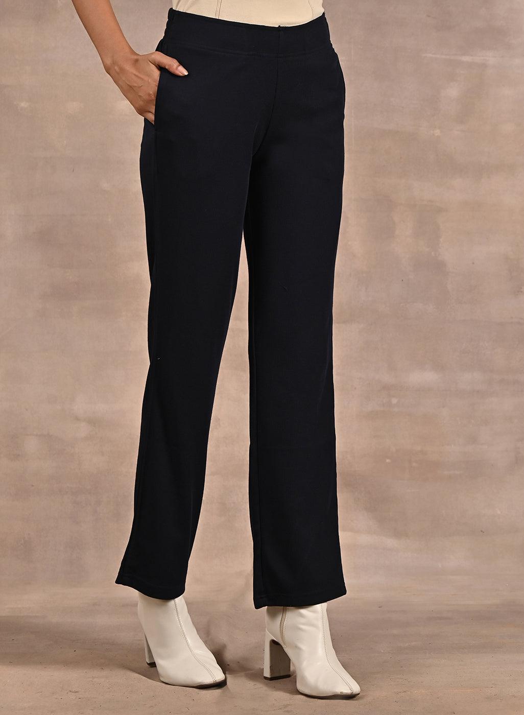 Dark Navy Blue Regular Pants with Elastic Waist Band - Lakshita
