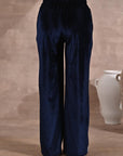 Solid Navy Blue Velour Straight-Fit Palazzo with Elastic Waist Band - Lakshita