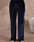 Solid Navy Blue Velour Straight-Fit Palazzo with Elastic Waist Band - Lakshita