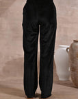 Solid Black Velour Straight-Fit Palazzo with Elastic Waist Band - Lakshita
