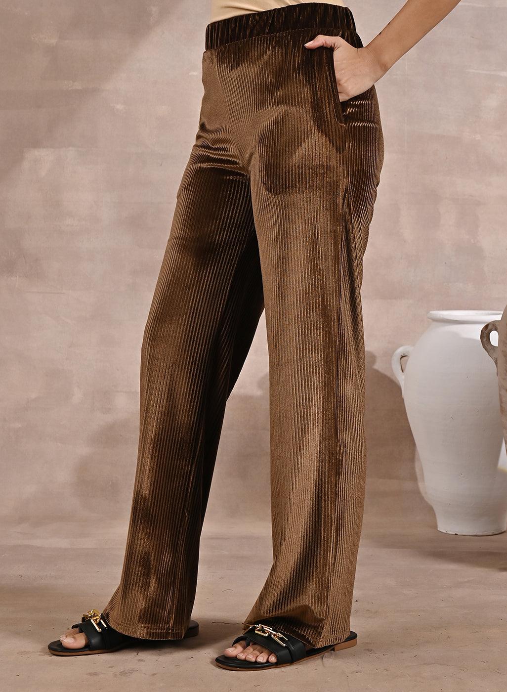 Solid Gold Velour Straight-Fit Palazzo with Elastic Waist Band - Lakshita