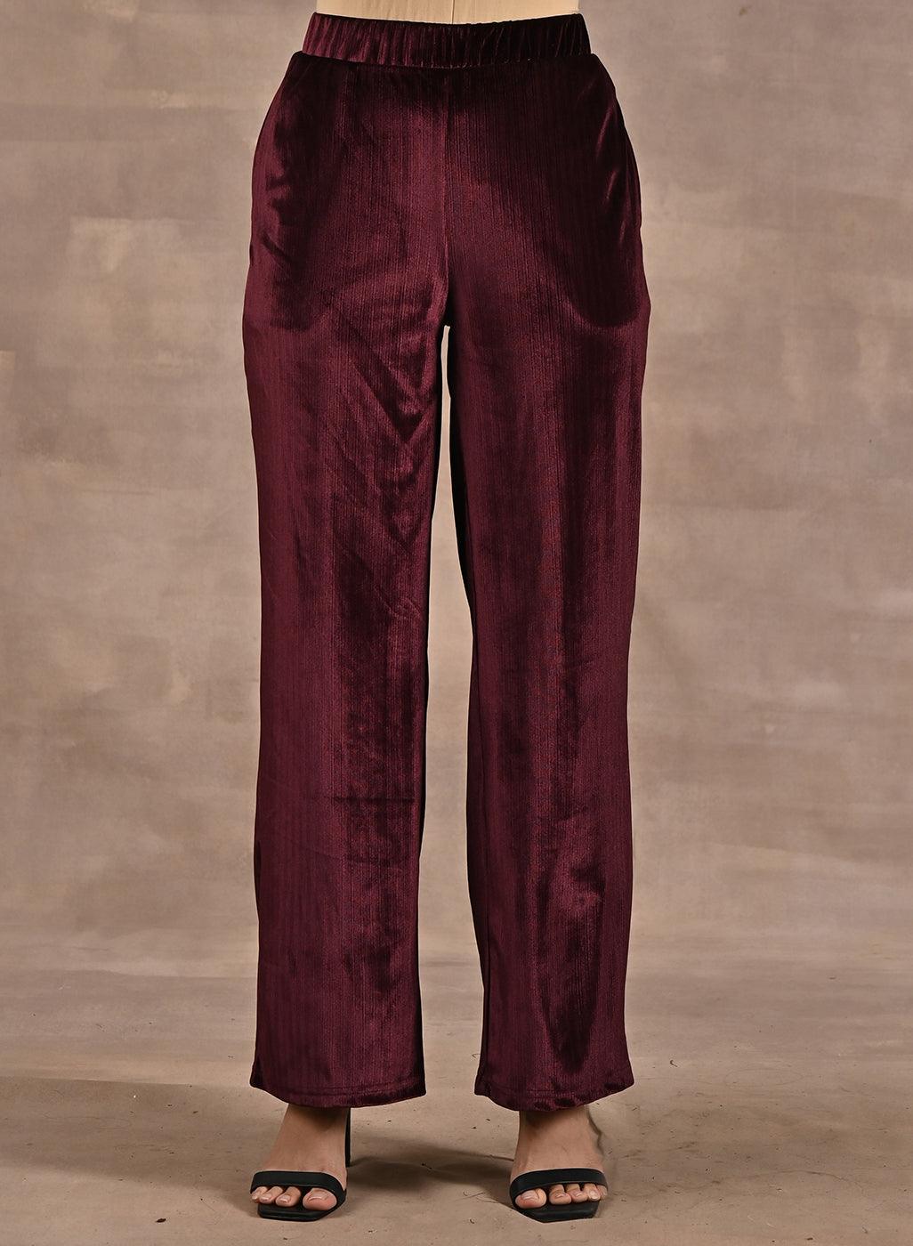 Solid Maroon Velour Straight-Fit Palazzo with Elastic Waist Band - Lakshita