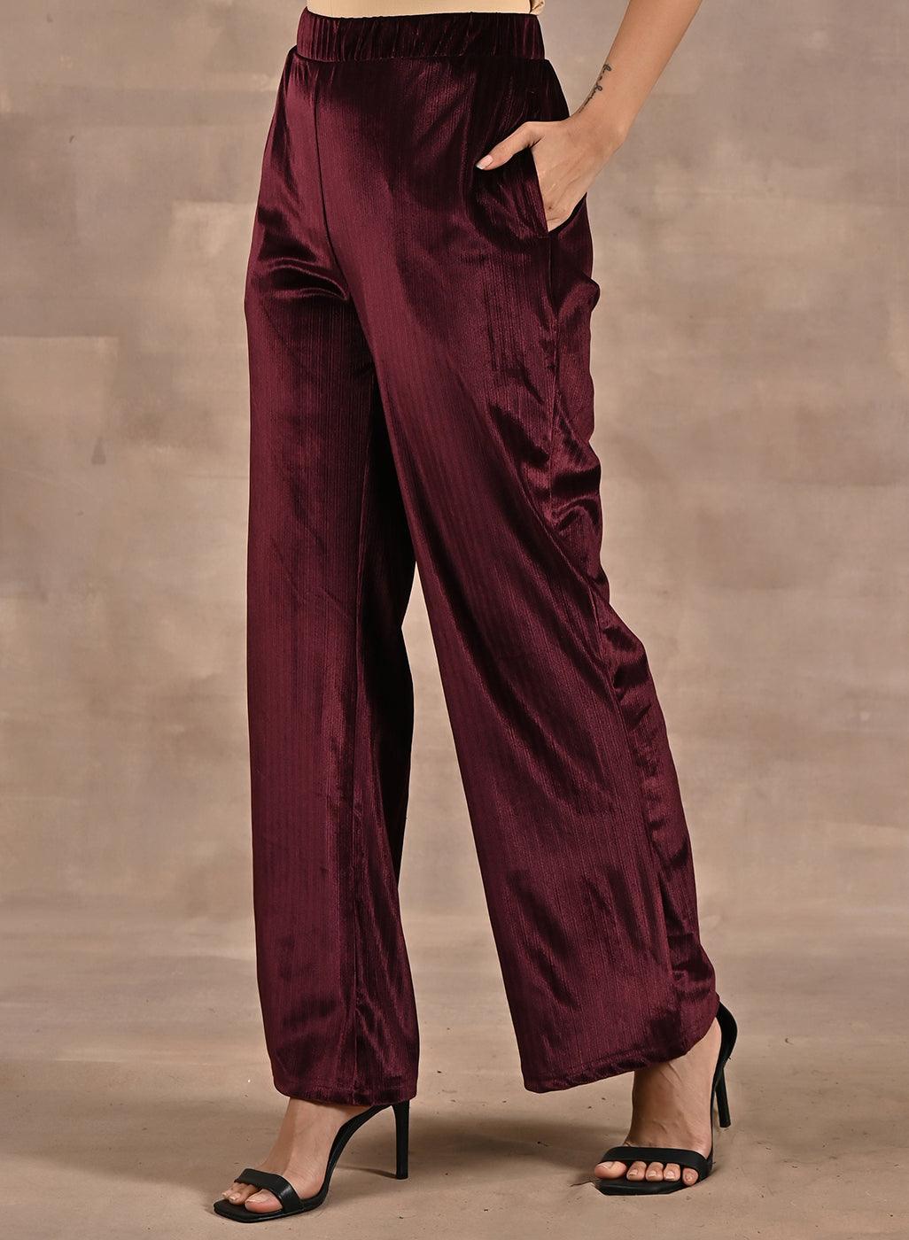 Solid Maroon Velour Straight-Fit Palazzo with Elastic Waist Band - Lakshita