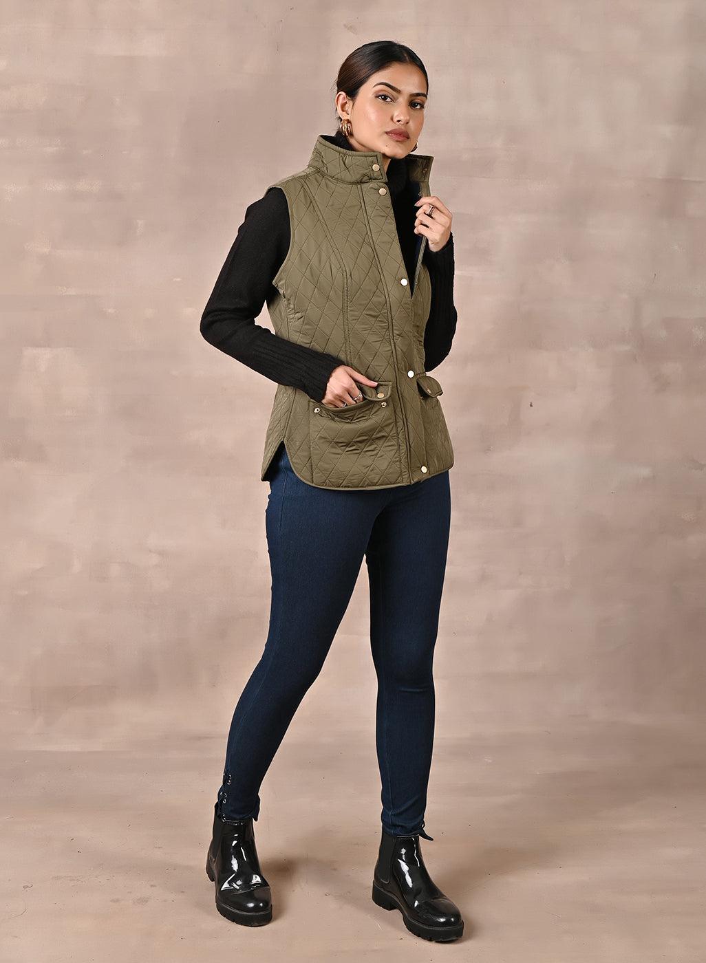 Olive Solid Sleeveless Quilted Jacket With Rivets Detail & Curved Hem - Lakshita