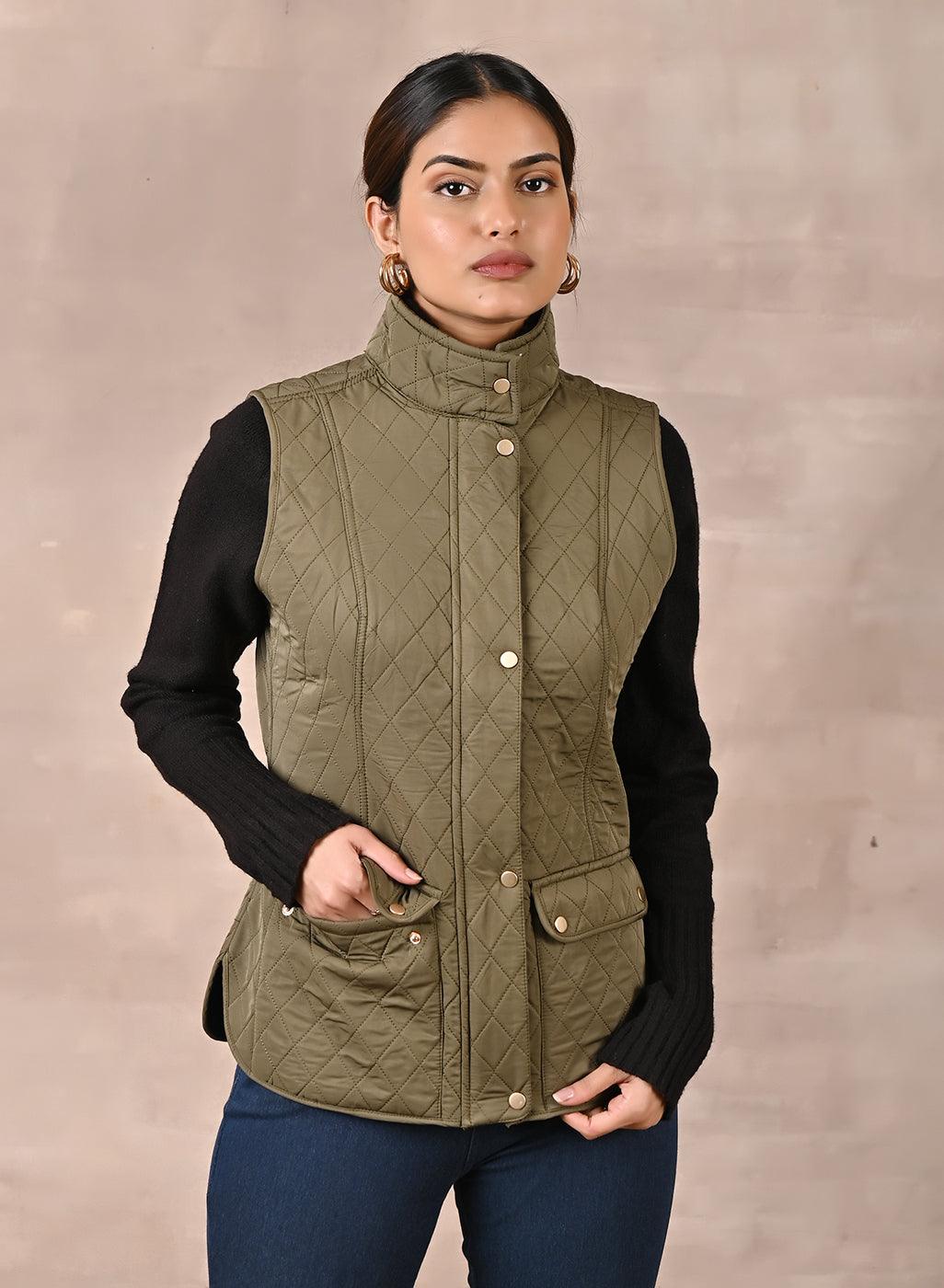 Olive Solid Sleeveless Quilted Jacket With Rivets Detail &amp; Curved Hem - Lakshita