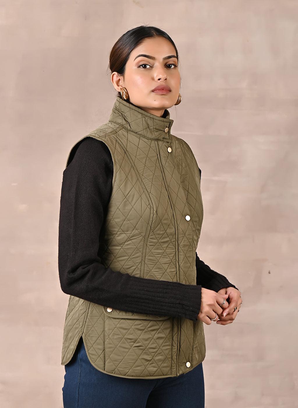 Olive Solid Sleeveless Quilted Jacket With Rivets Detail & Curved Hem - Lakshita