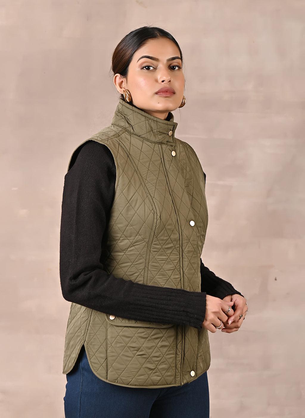 Olive Solid Sleeveless Quilted Coat With Rivets Detail & Curved Hem