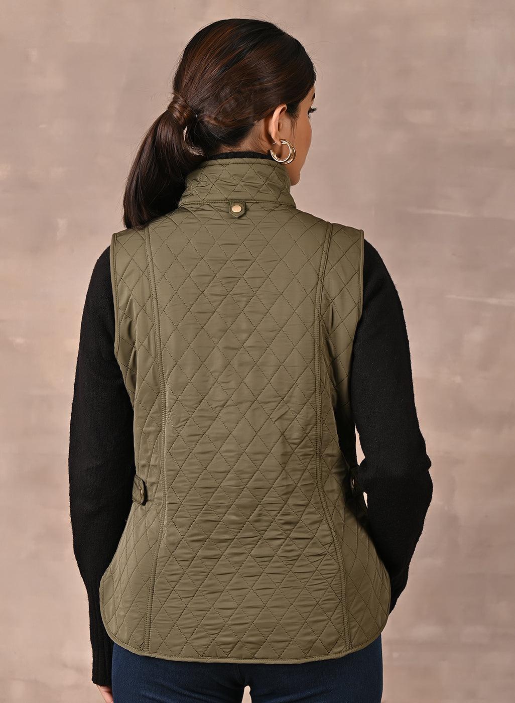 Olive Solid Sleeveless Quilted Coat With Rivets Detail & Curved Hem
