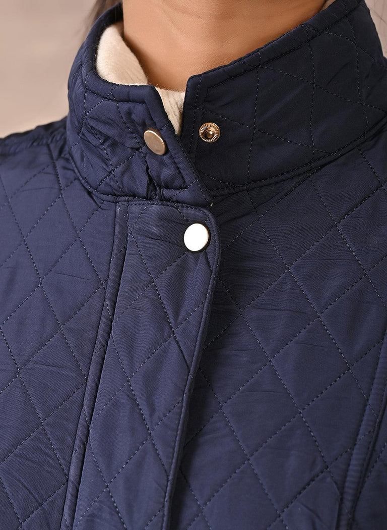 Navy Blue Solid Sleeveless Quilted Coat With Rivets Detail & Curved Hem