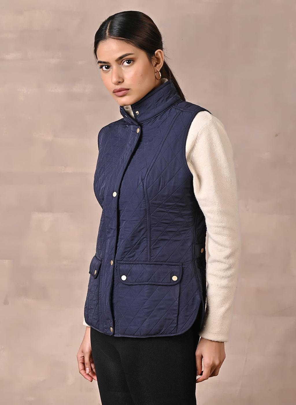 Navy Blue Solid Sleeveless Quilted Coat With Rivets Detail & Curved Hem ...