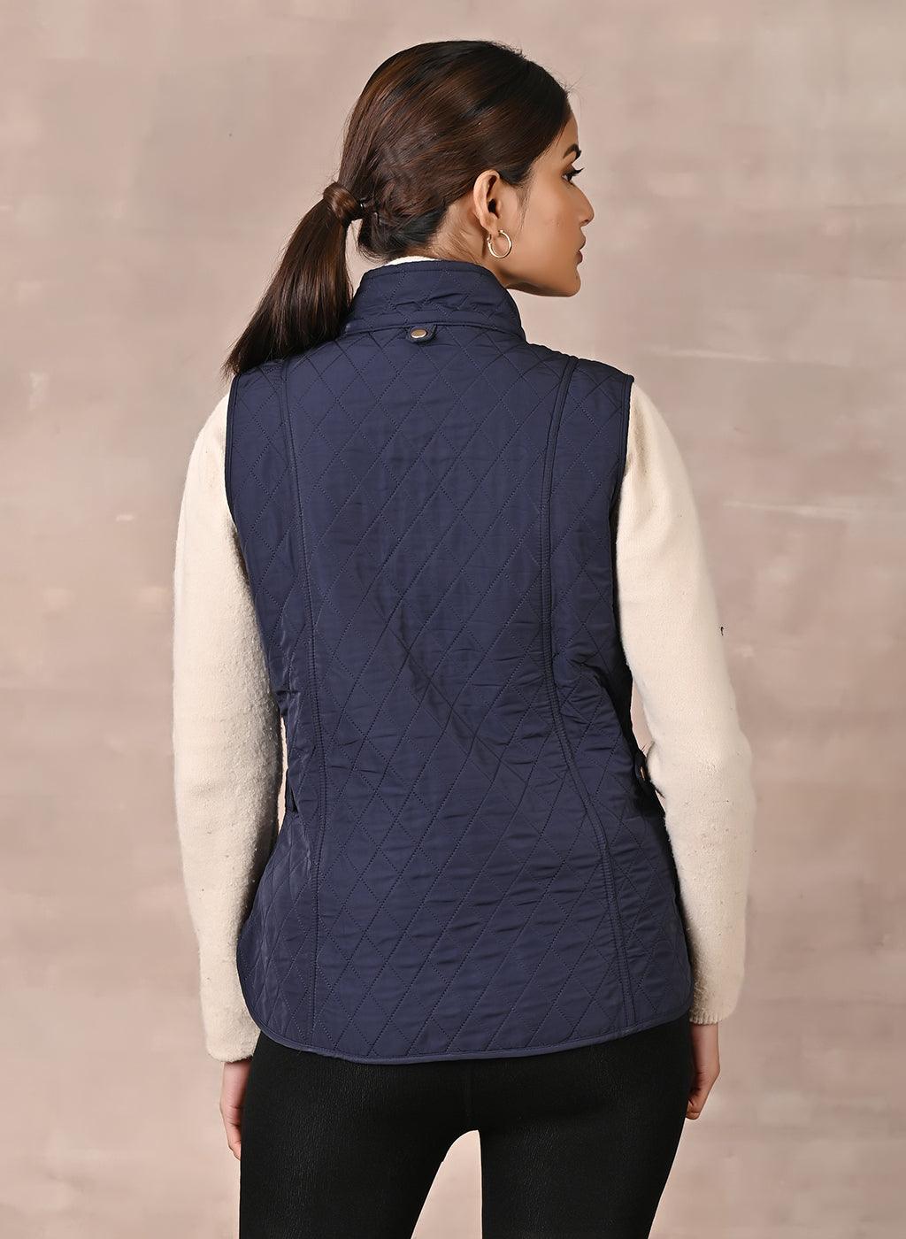 Navy Blue Solid Sleeveless Quilted Coat With Rivets Detail & Curved Hem