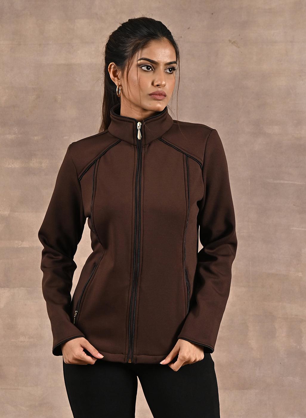 Brown Fleece Jacket with Decorative Stitch on Front - Lakshita