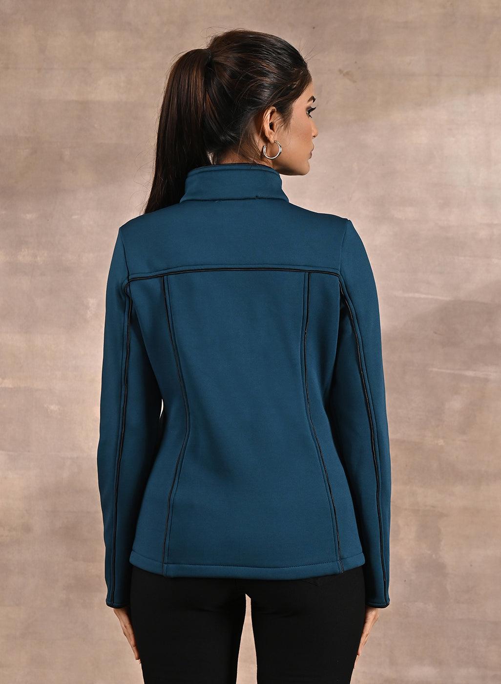 Teal Fleece Jacket with Decorative Stitch on Front - Lakshita