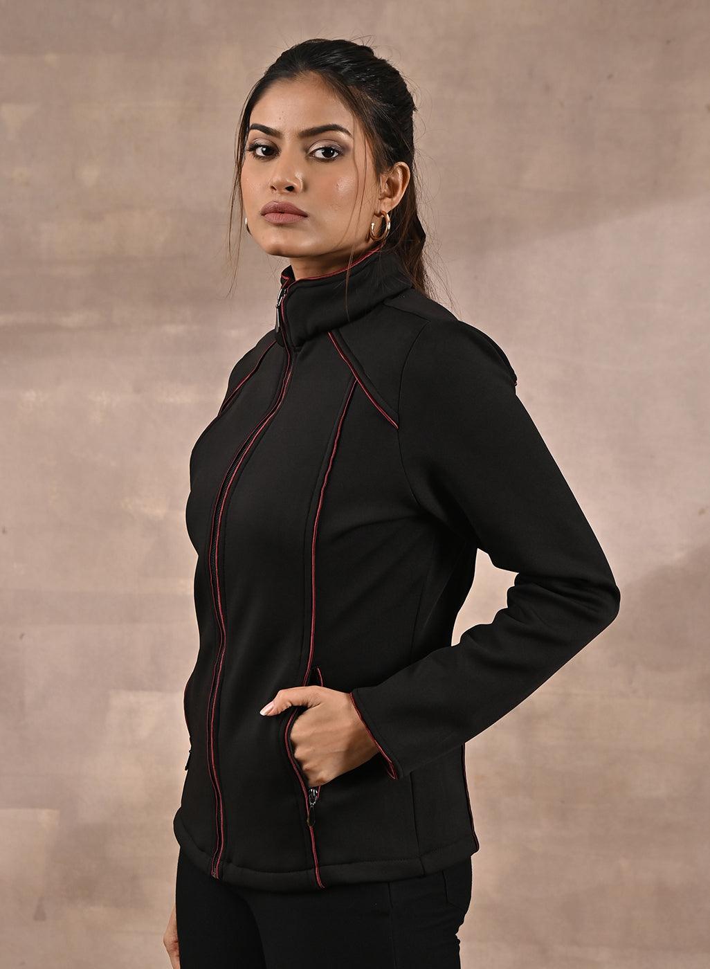Black Fleece Jacket with Decorative Stitch on Front-22WLFJ0407-6 – Lakshita