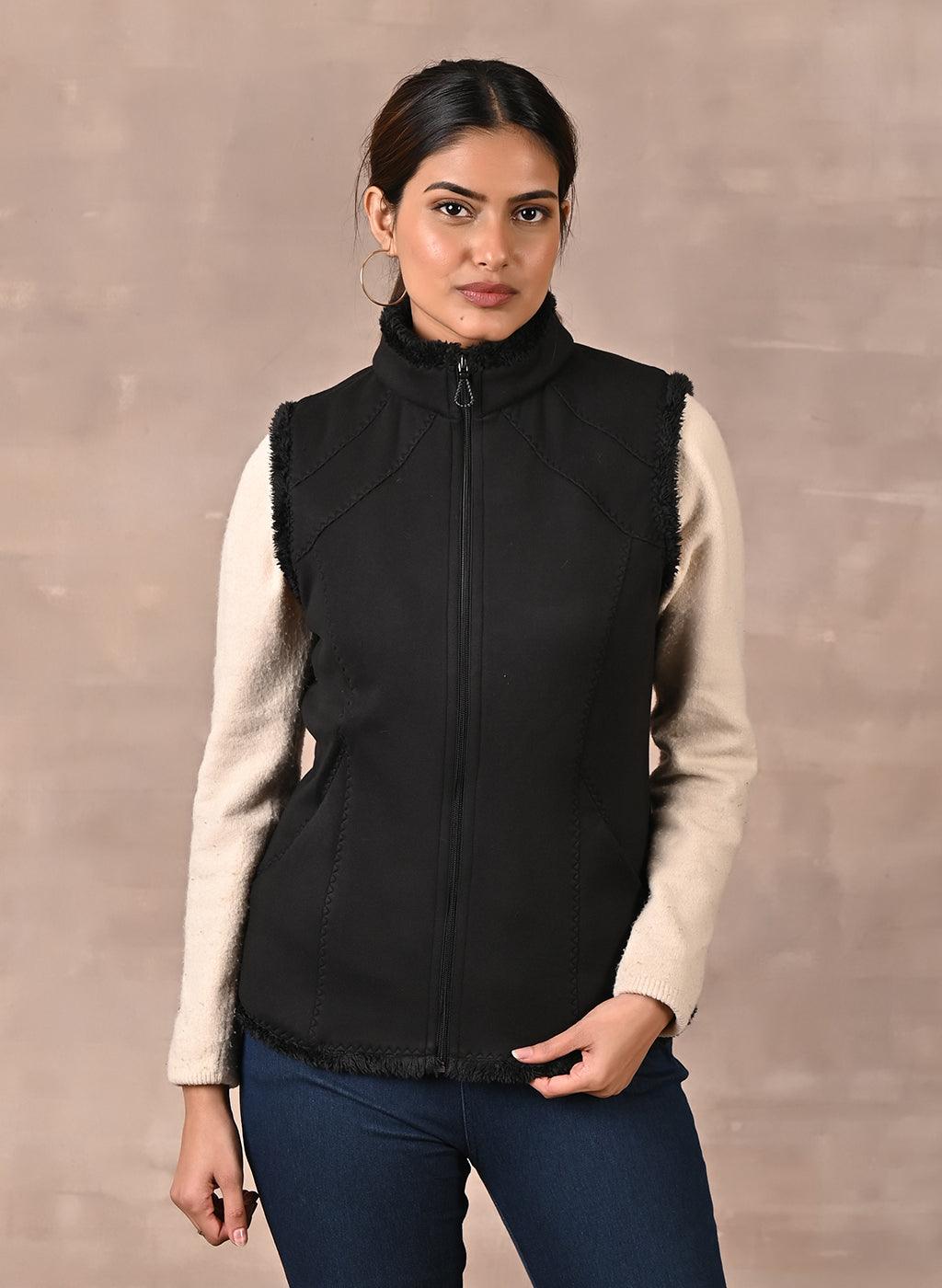 Black Sleeveless Jacket with Fur Detail - Lakshita
