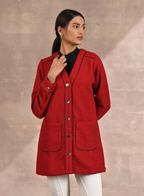 Red Long Sleeve Textured Jacket with Metallic Buttons - Lakshita