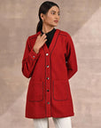 Red Long Sleeve Textured Jacket with Metallic Buttons - Lakshita