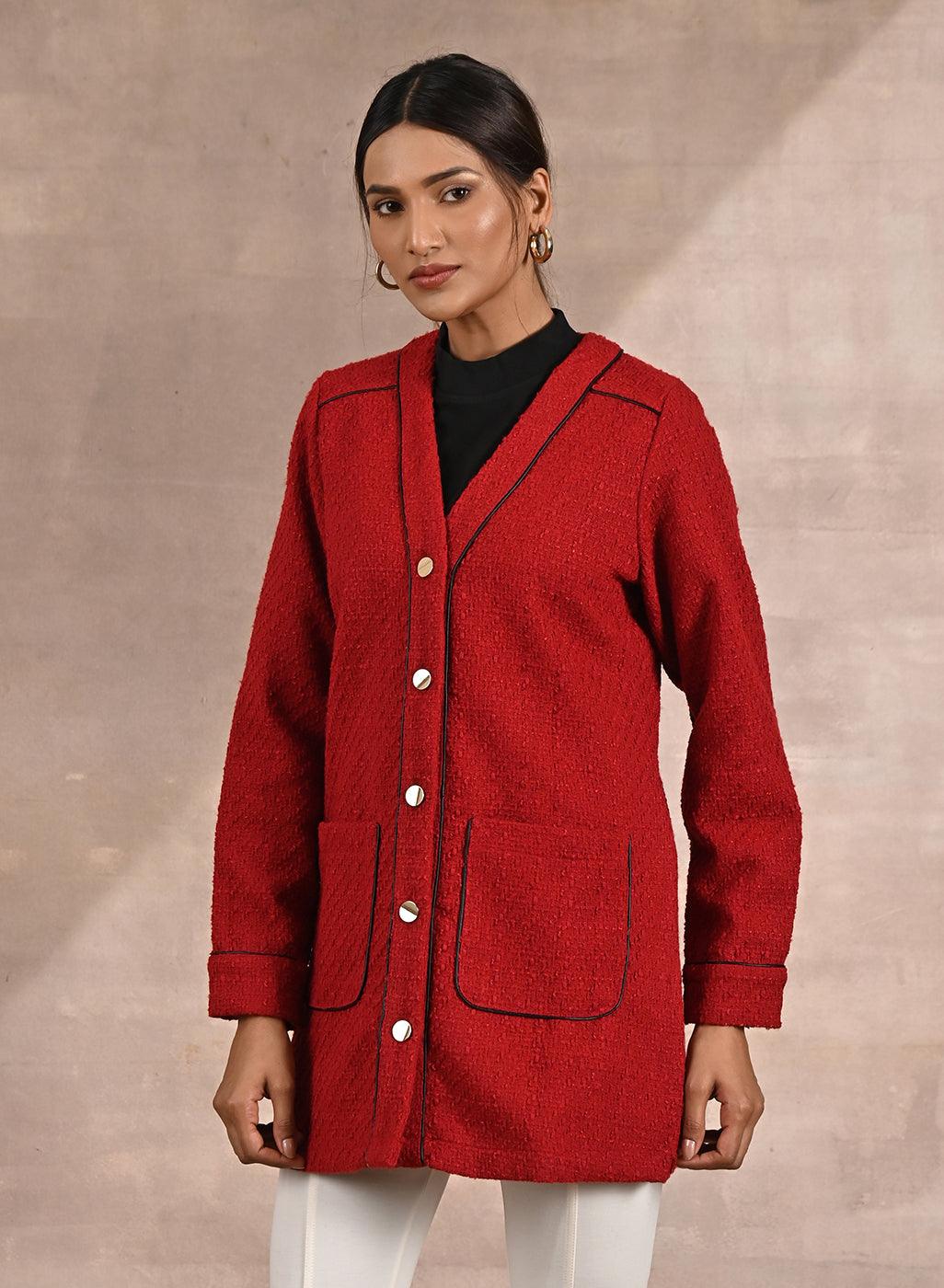 Red Long Sleeve Textured Jacket with Metallic Buttons - Lakshita