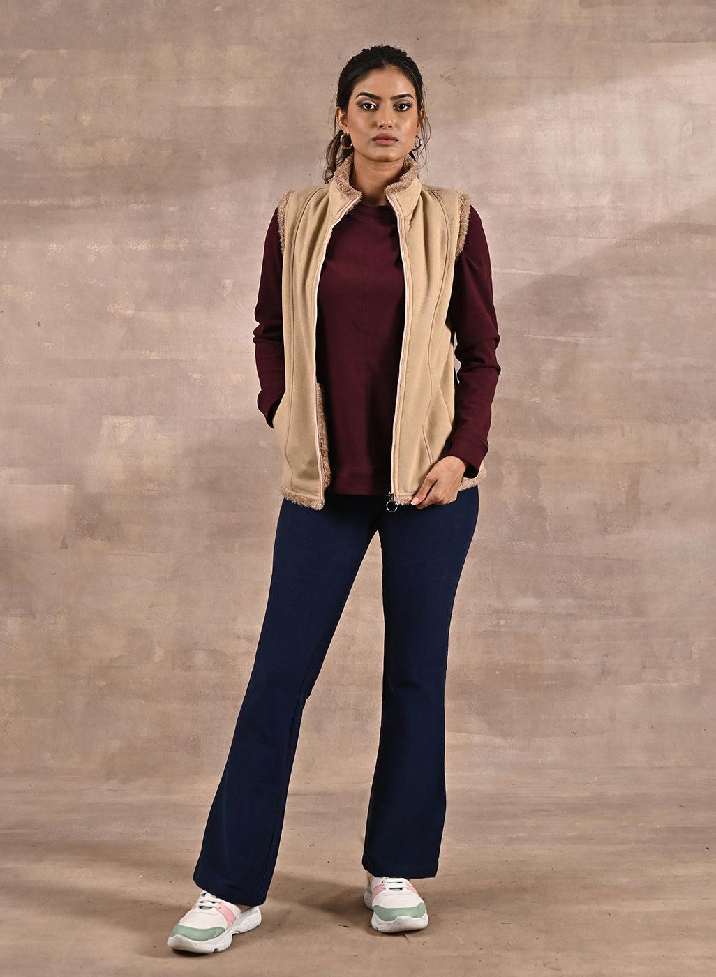 Beige Zip-front Sleeveless Fur Jacket - Lakshita