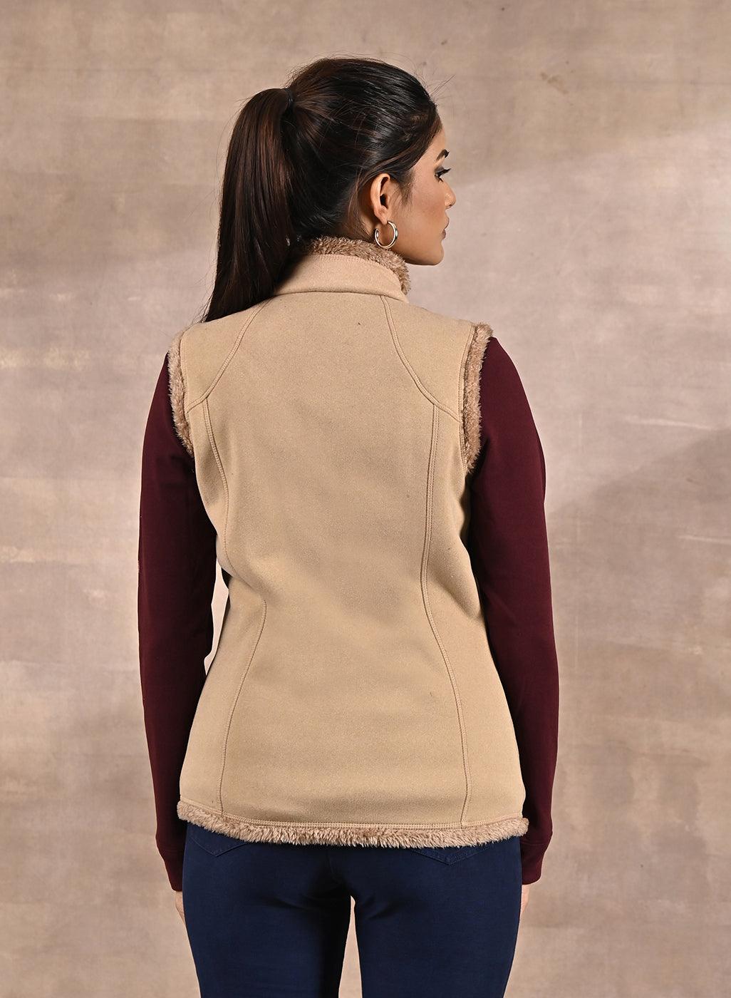 Beige Zip-front Sleeveless Fur Jacket - Lakshita