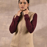 Beige Zip-front Sleeveless Fur Jacket - Lakshita