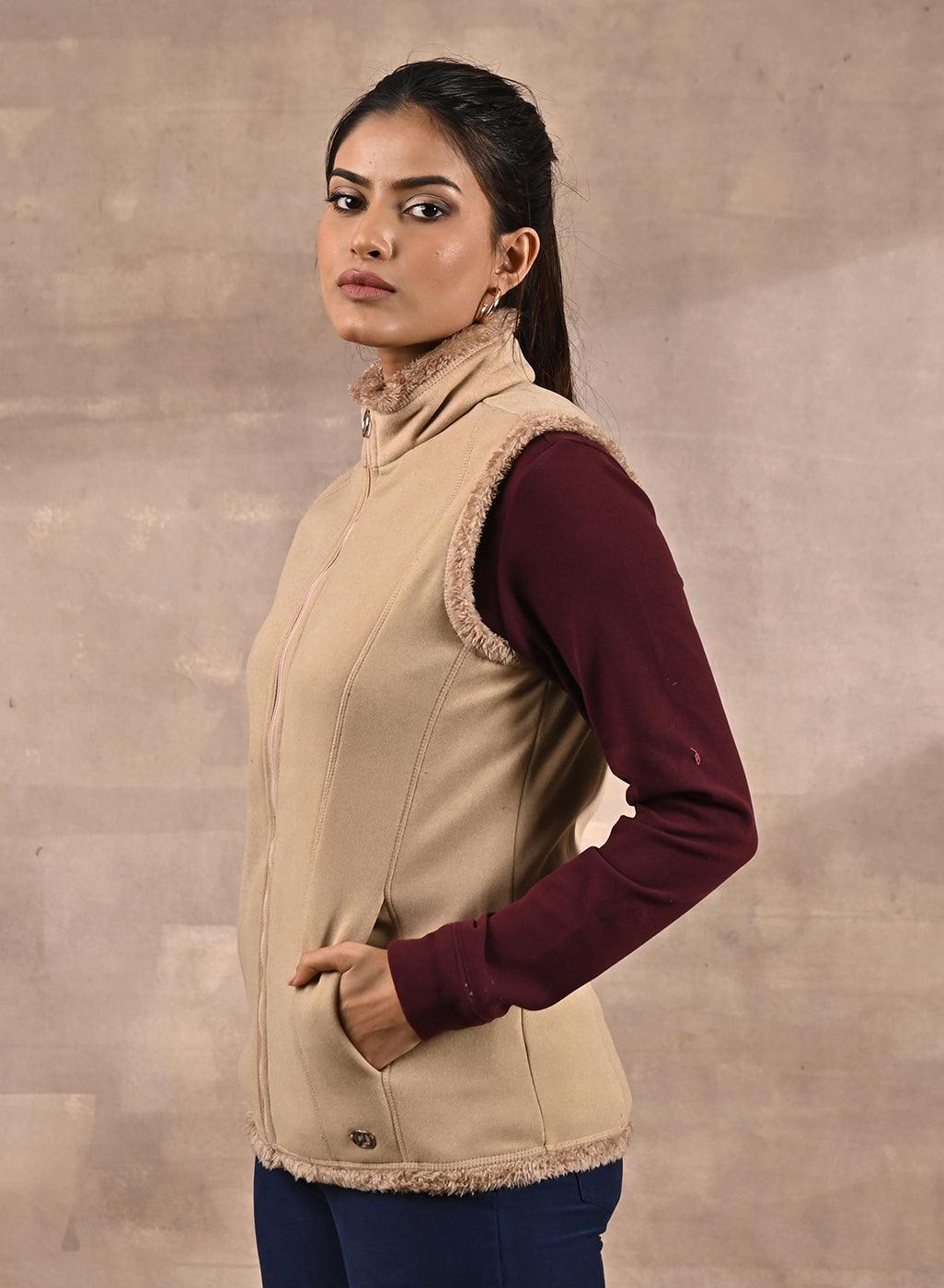 Beige Zip-front Sleeveless Fur Jacket - Lakshita
