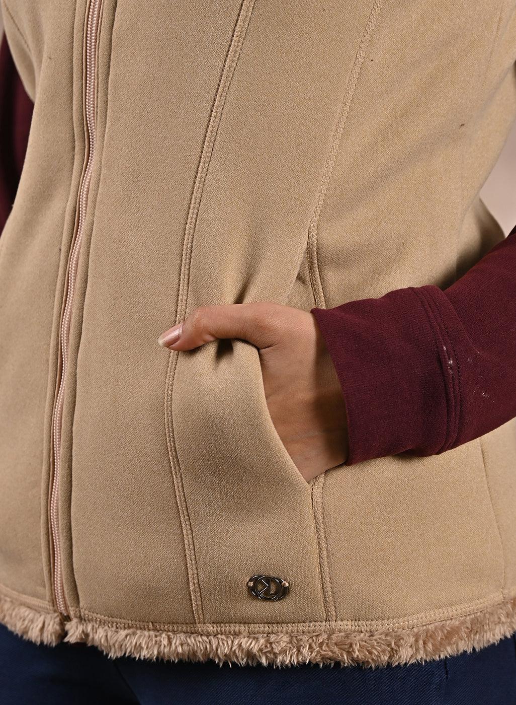 Beige Zip-front Sleeveless Fur Jacket - Lakshita