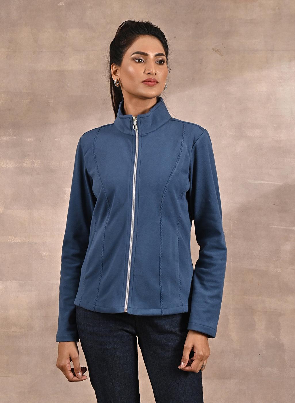 Blue Spr3ead-neck Fleece Jacket with Zip-Closure-22WLFJ0419-4 – Lakshita