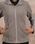 Beige Spread-neck Fleece Jacket with Zip-Closure - Lakshita