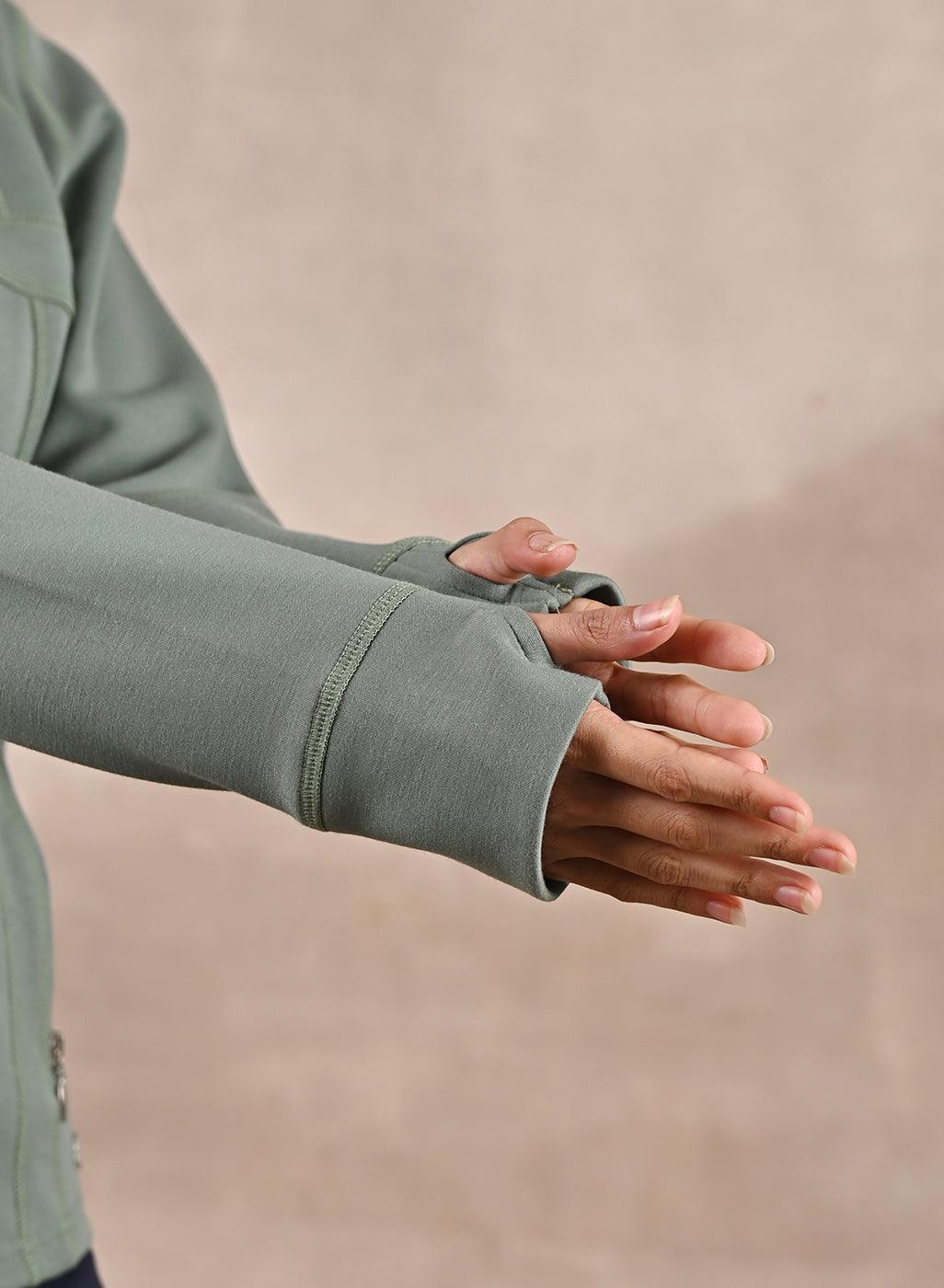 Green Long-sleeve Jacket with Decorative Cuts - Lakshita