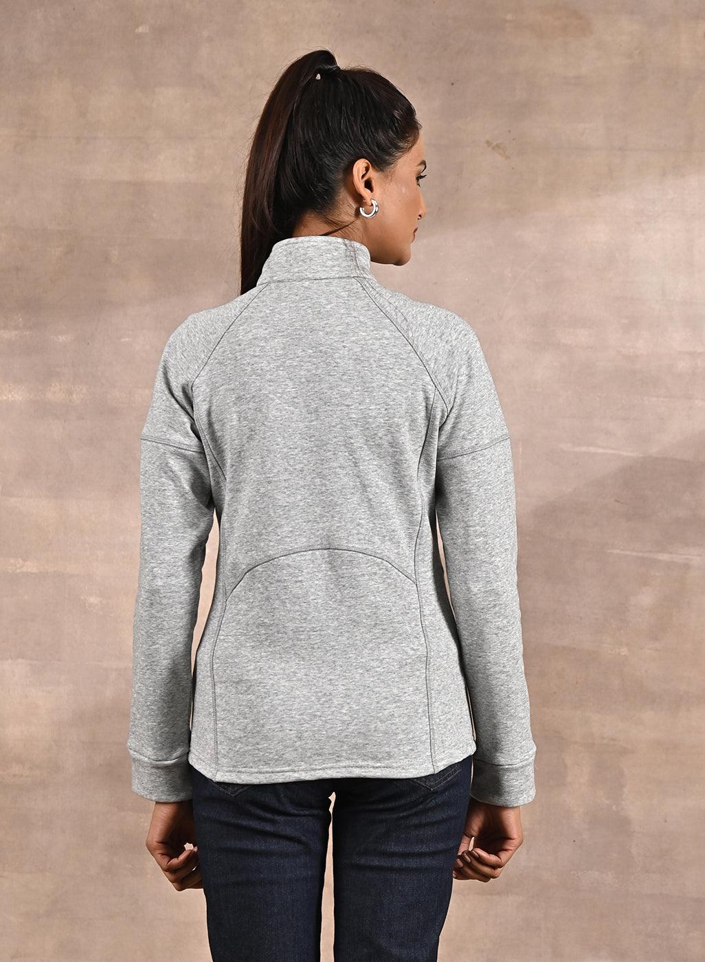 Grey High-Neck Zip-Up Casual Fleece Jacket - Lakshita