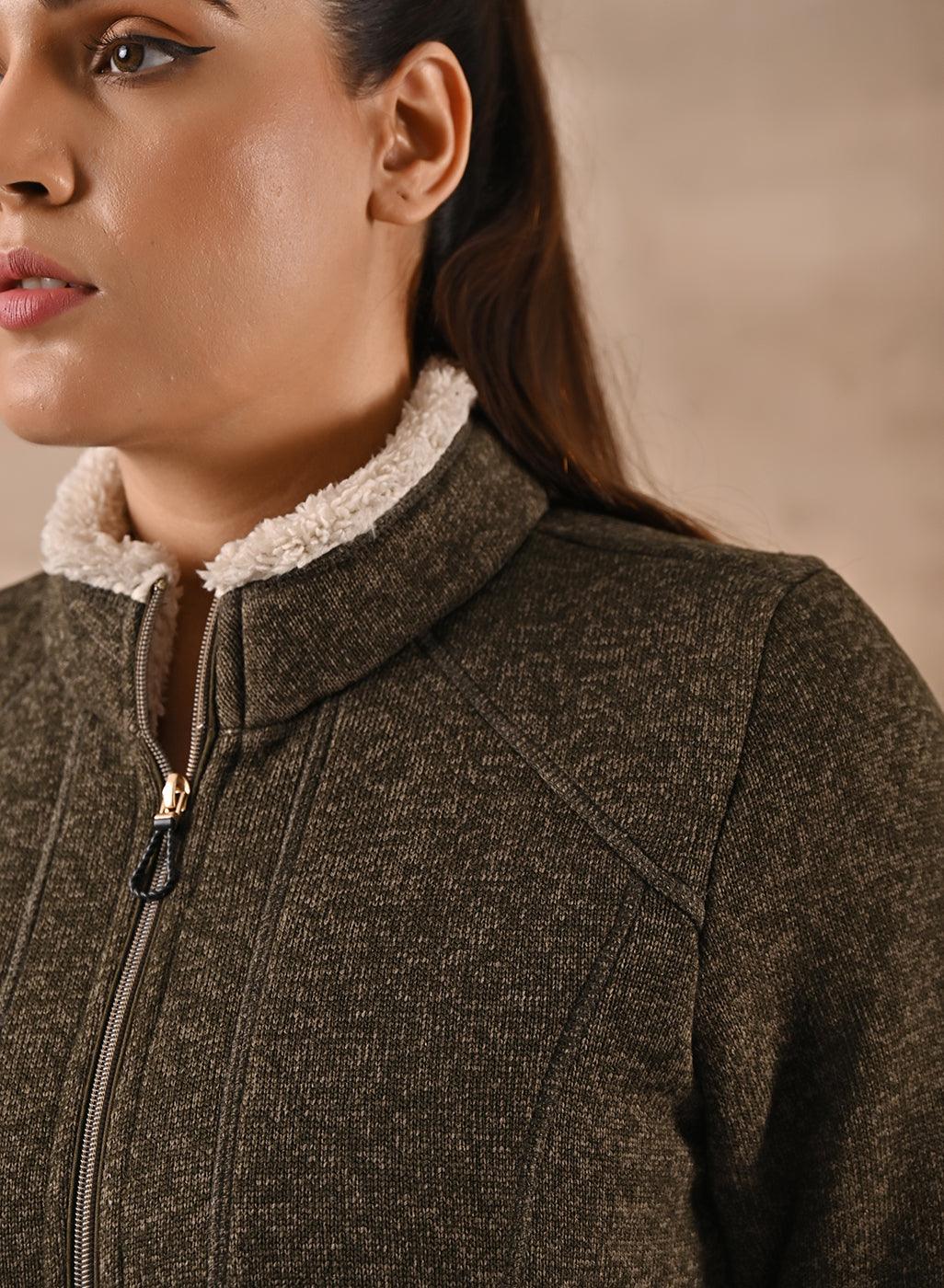 Green Zipfront Highneck Fleece Jacket with Pockets22WLFJ0435S3 Lakshita