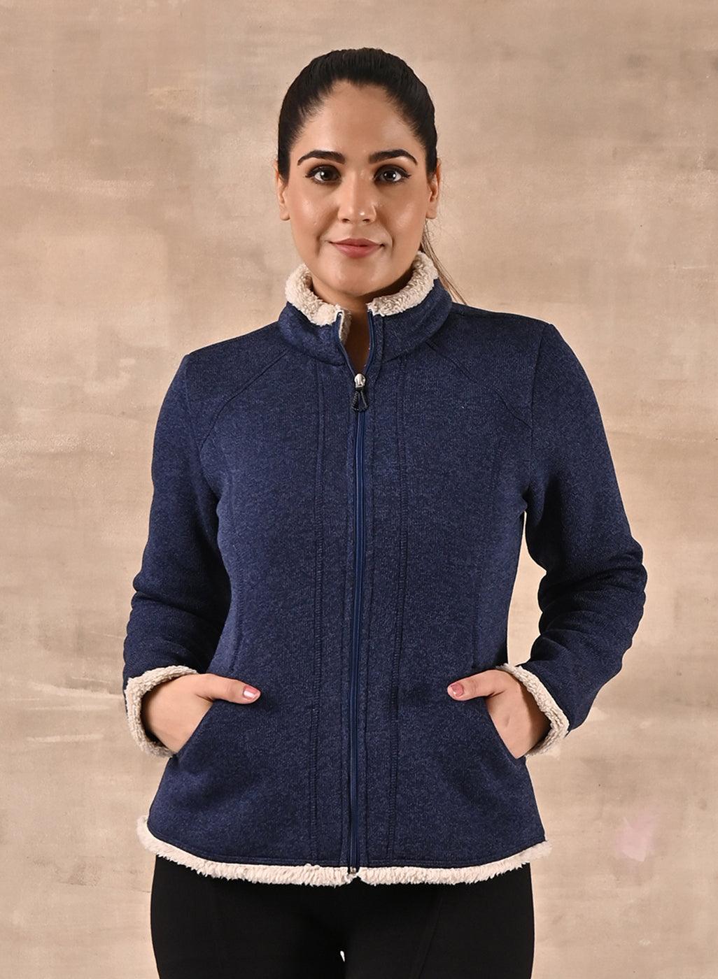Blue Zip-front High-neck Fleece Jacket with Pockets - Lakshita