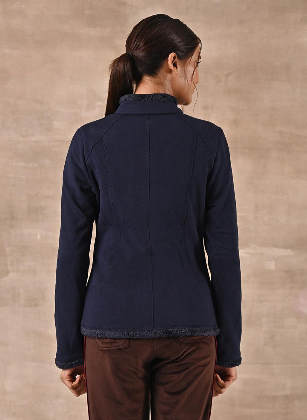 Navy Blue High-neck Jacket with Fur Details - Lakshita