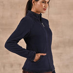 Navy Blue High-neck Jacket with Fur Details - Lakshita