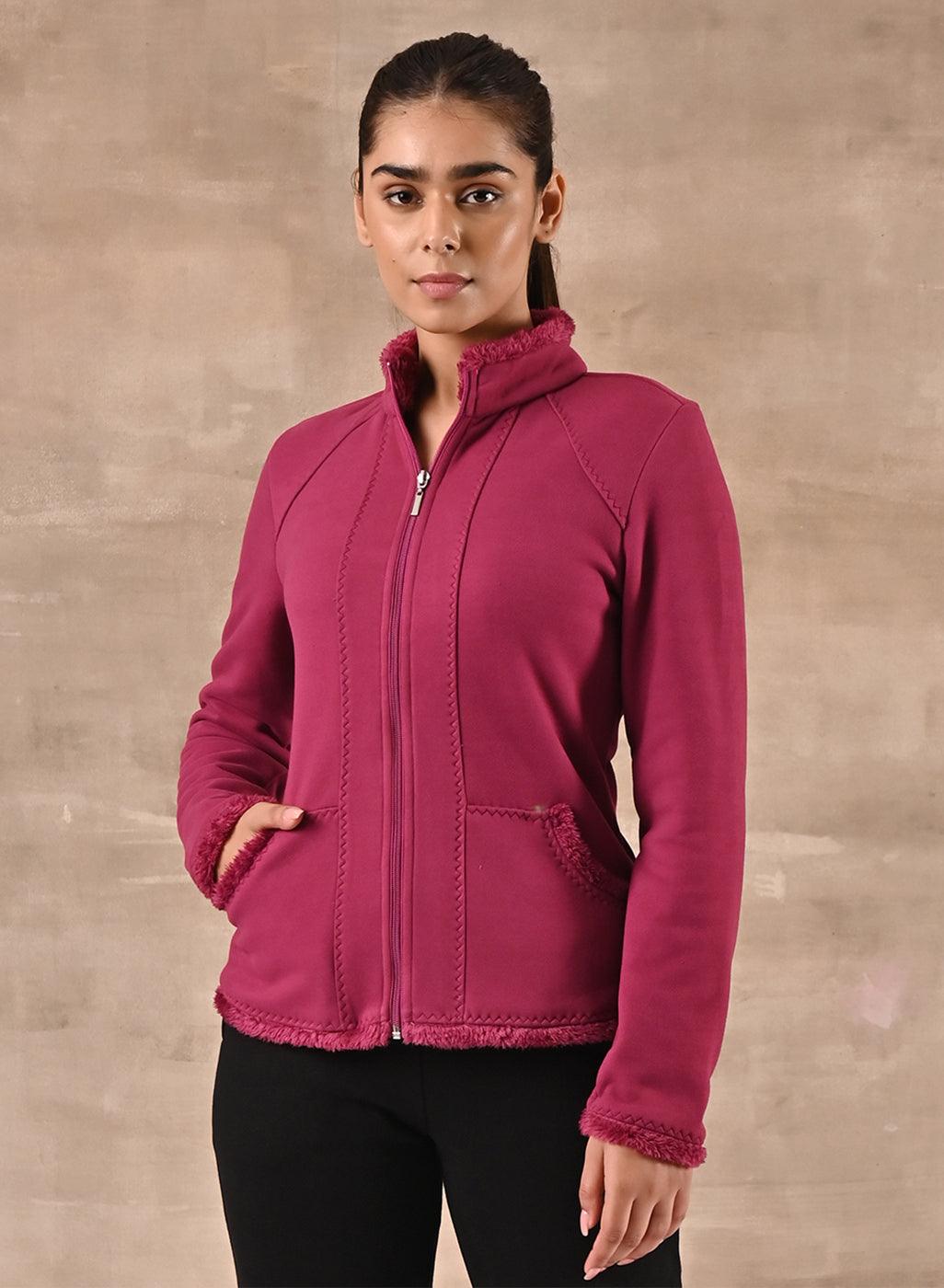 Dark Pink High-neck Jacket with Fur Details - Lakshita