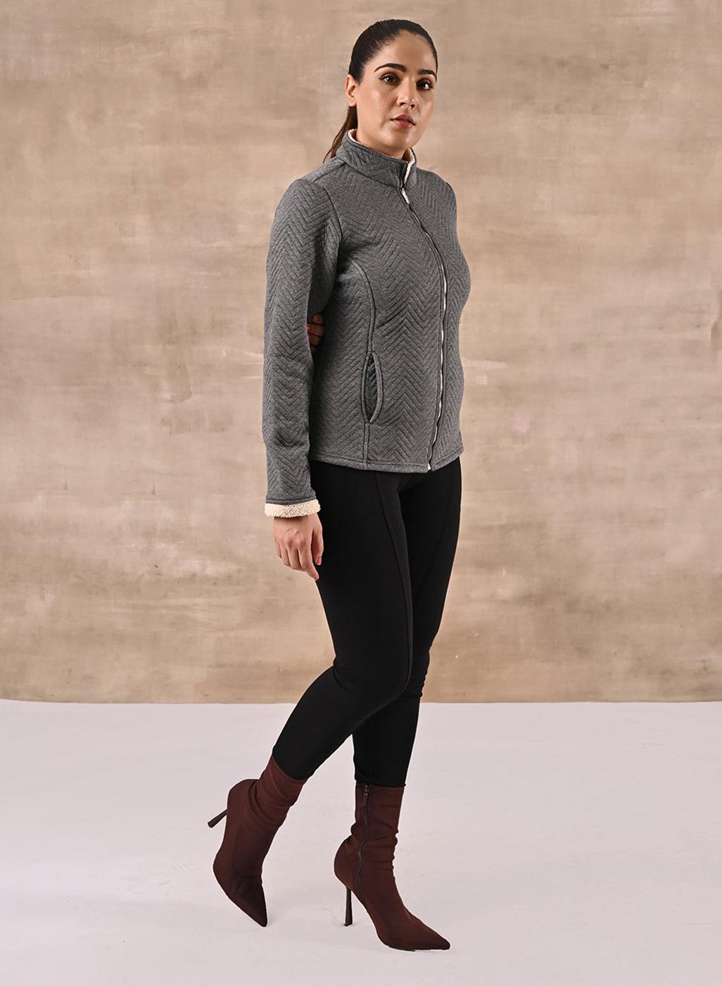 Grey Quilted Zipper Jacket with Slip Pockets - Lakshita