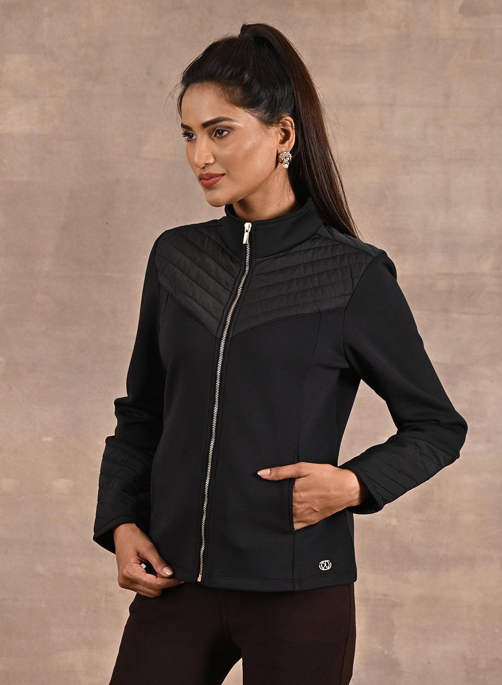 Black Long Sleeve Jacket with Quilting at Front and Sleeves - Lakshita