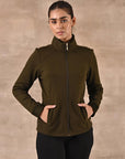 Olive Zip-front High-neck Regular Jacket with Pockets - Lakshita