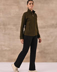 Olive Zip-front High-neck Regular Jacket with Pockets - Lakshita